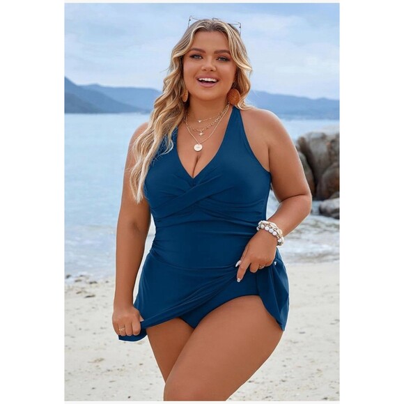 Women's Plus Size Swim Dress Tummy Control Swimsuit Blue size XXL Criss Cross - Picture 1 of 15